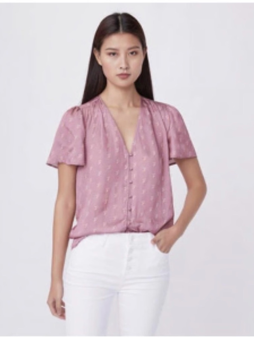 Paige Kelly Floral Flutter Sleeve Top S Pink Mesa Rose Satin Button Down Blouse - Picture 10 of 10